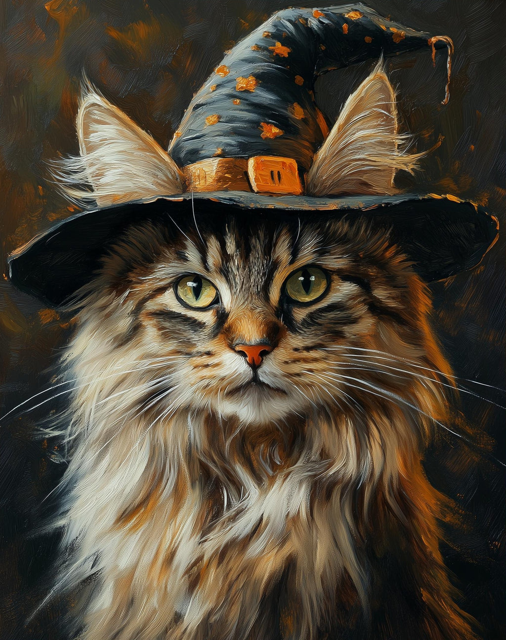Maine Coon Witch Halloween art print unframed, signed by Pattie Overcash