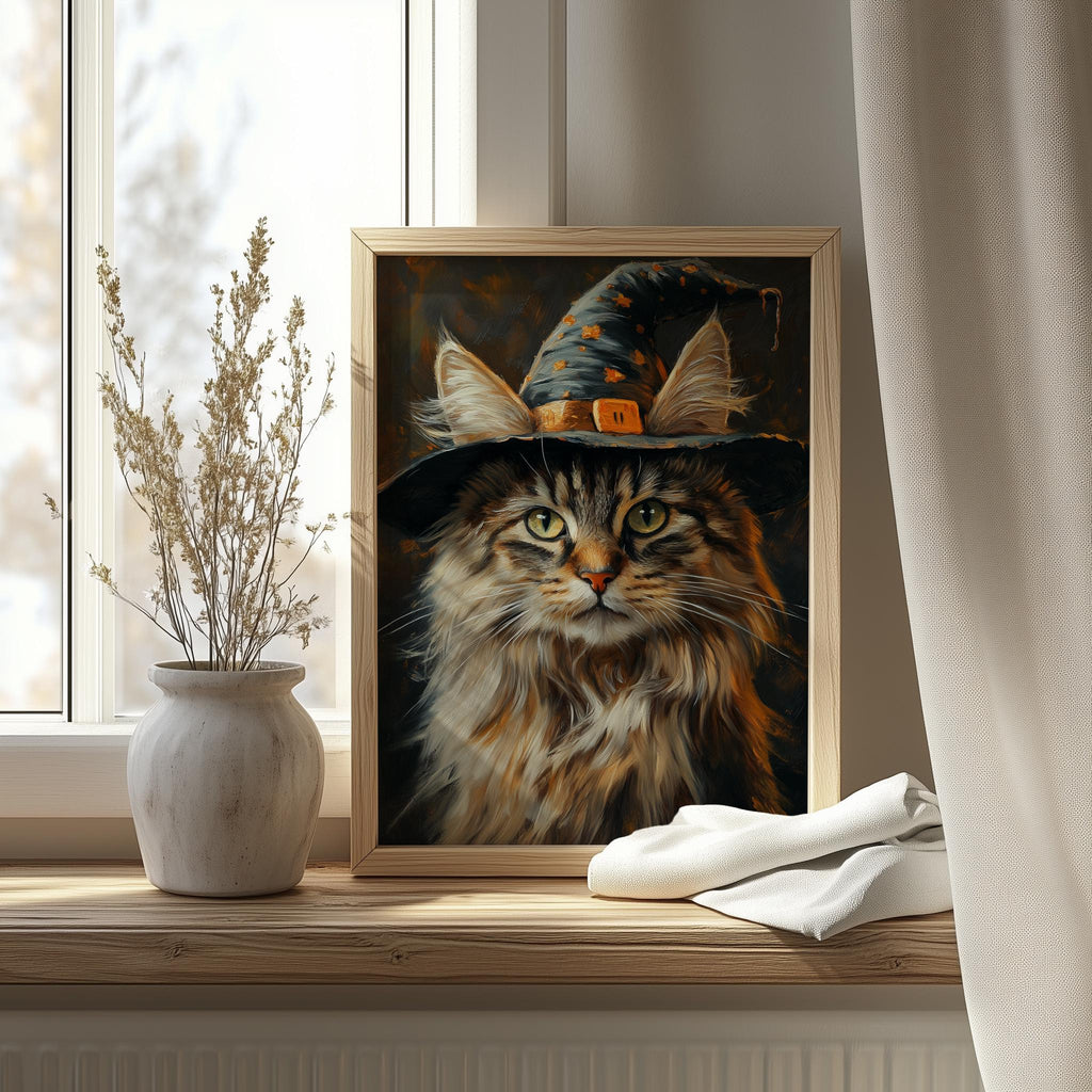 Maine Coon Witch Halloween art print shown in a room setting