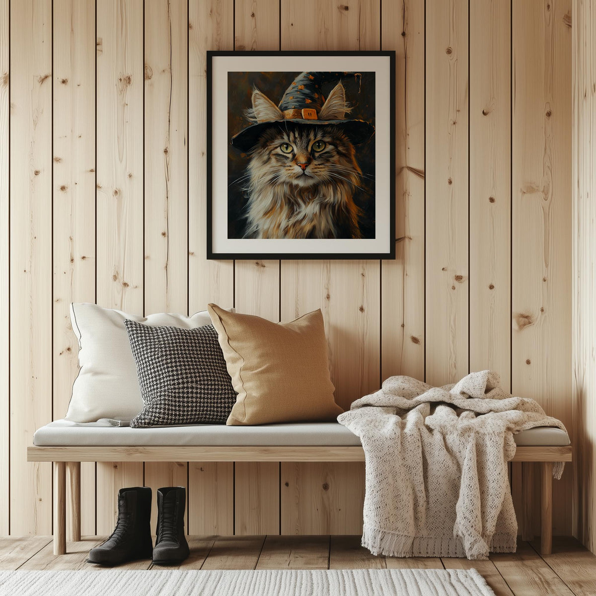 Maine Coon Witch Halloween art print shown in a room setting