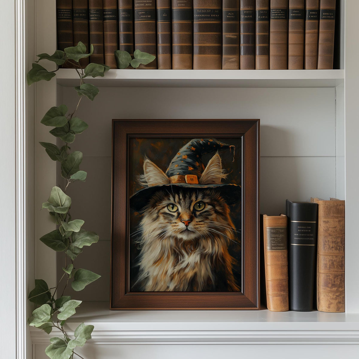 Maine Coon Witch Halloween art print shown in a room setting