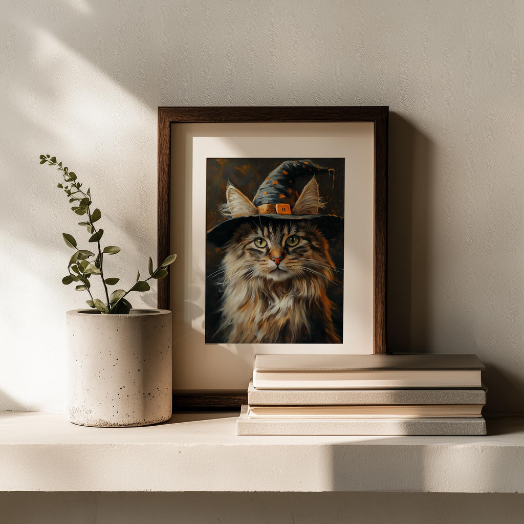 Maine Coon Witch Halloween art print shown in a room setting