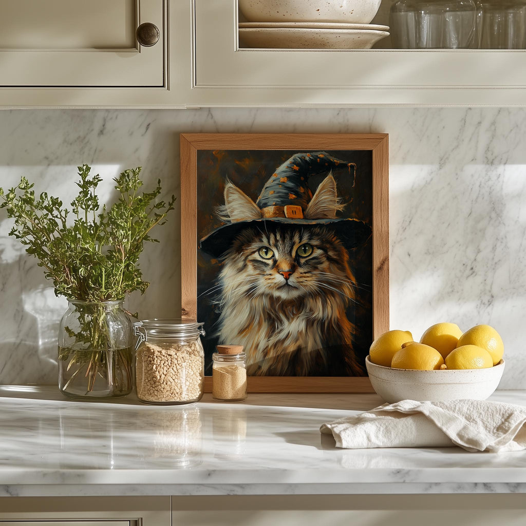 Maine Coon Witch Halloween art print shown in a room setting