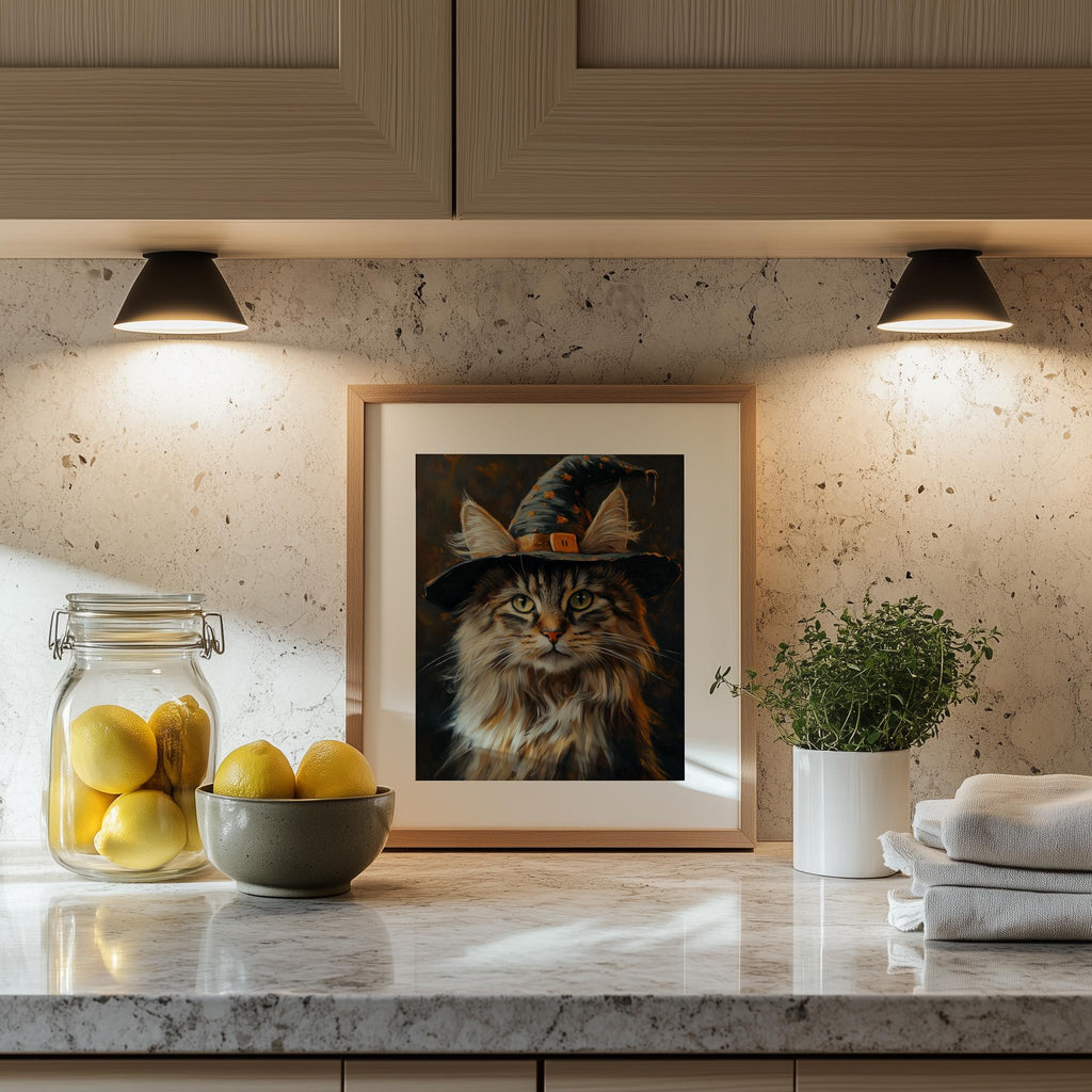 Maine Coon Witch Halloween art print shown in a room setting