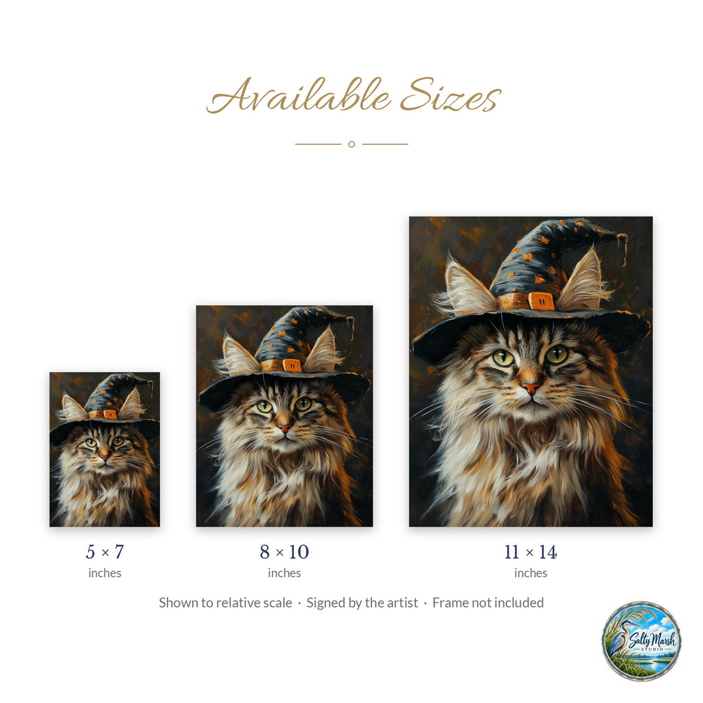 Maine Coon Witch art print size guide: 5x7, 8x10 and 11x14