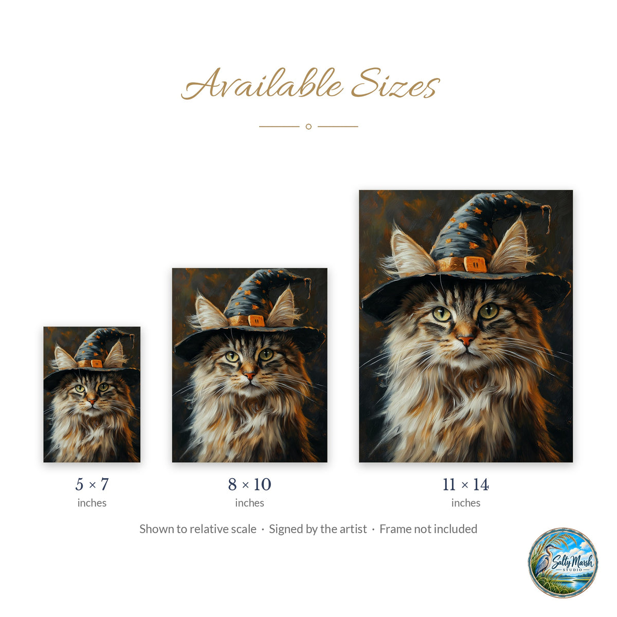 Maine Coon Witch art print size guide: 5x7, 8x10 and 11x14
