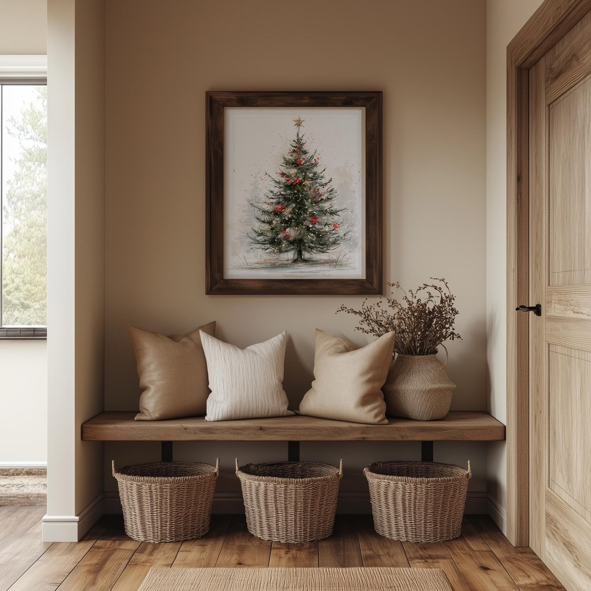 Sketch Tree Christmas art print shown in a room setting