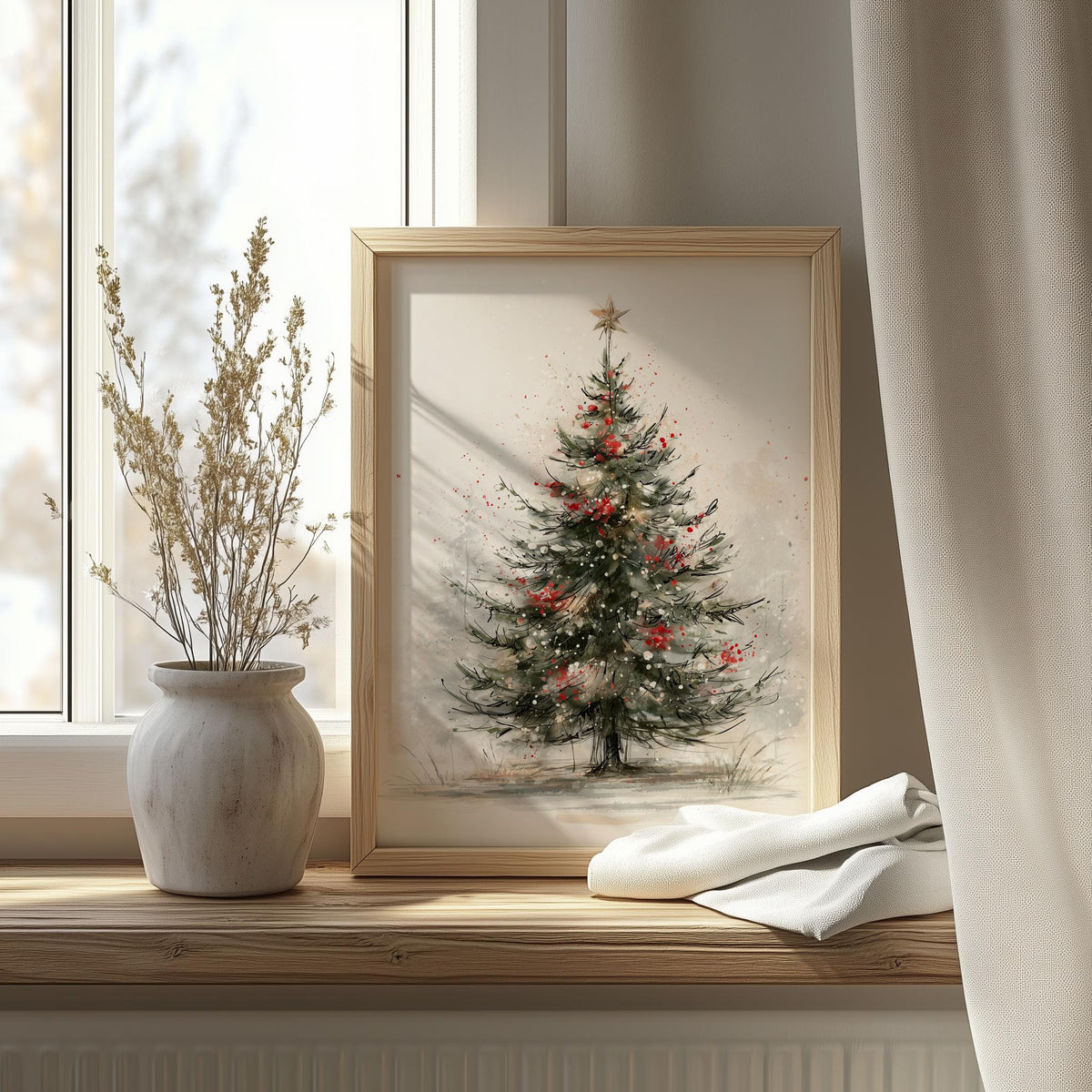 Sketch Tree Christmas art print shown in a room setting