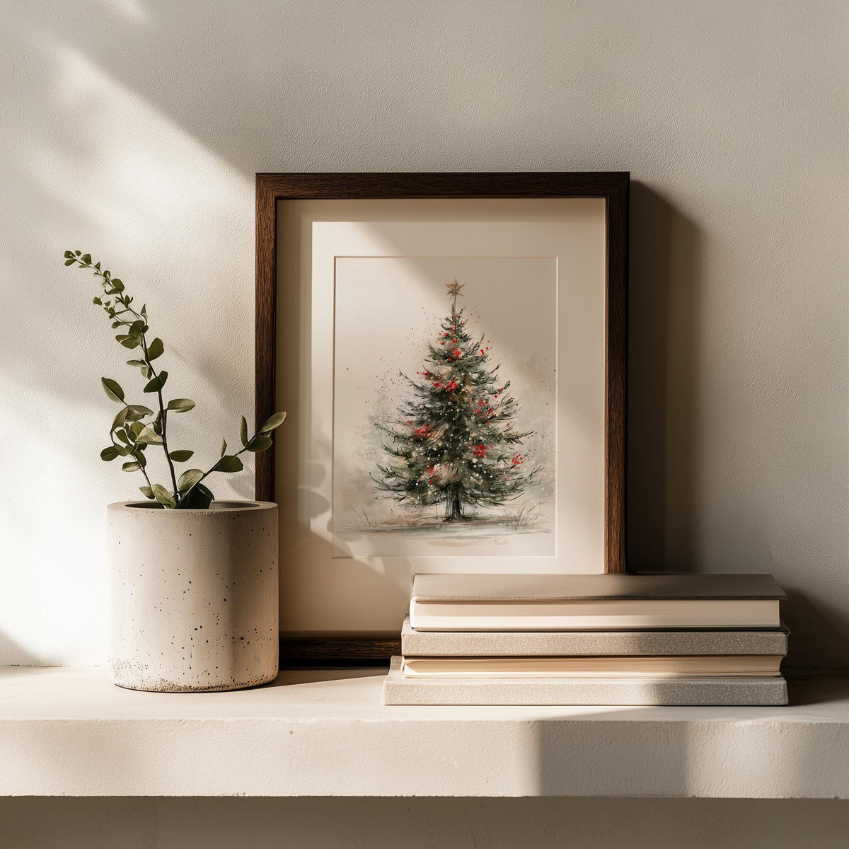 Sketch Tree Christmas art print shown in a room setting