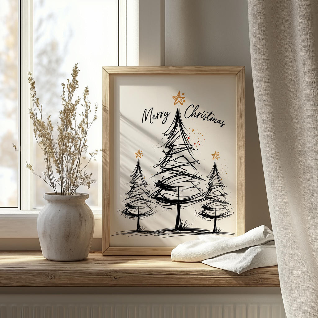 Merry Trees Christmas art print shown in a room setting