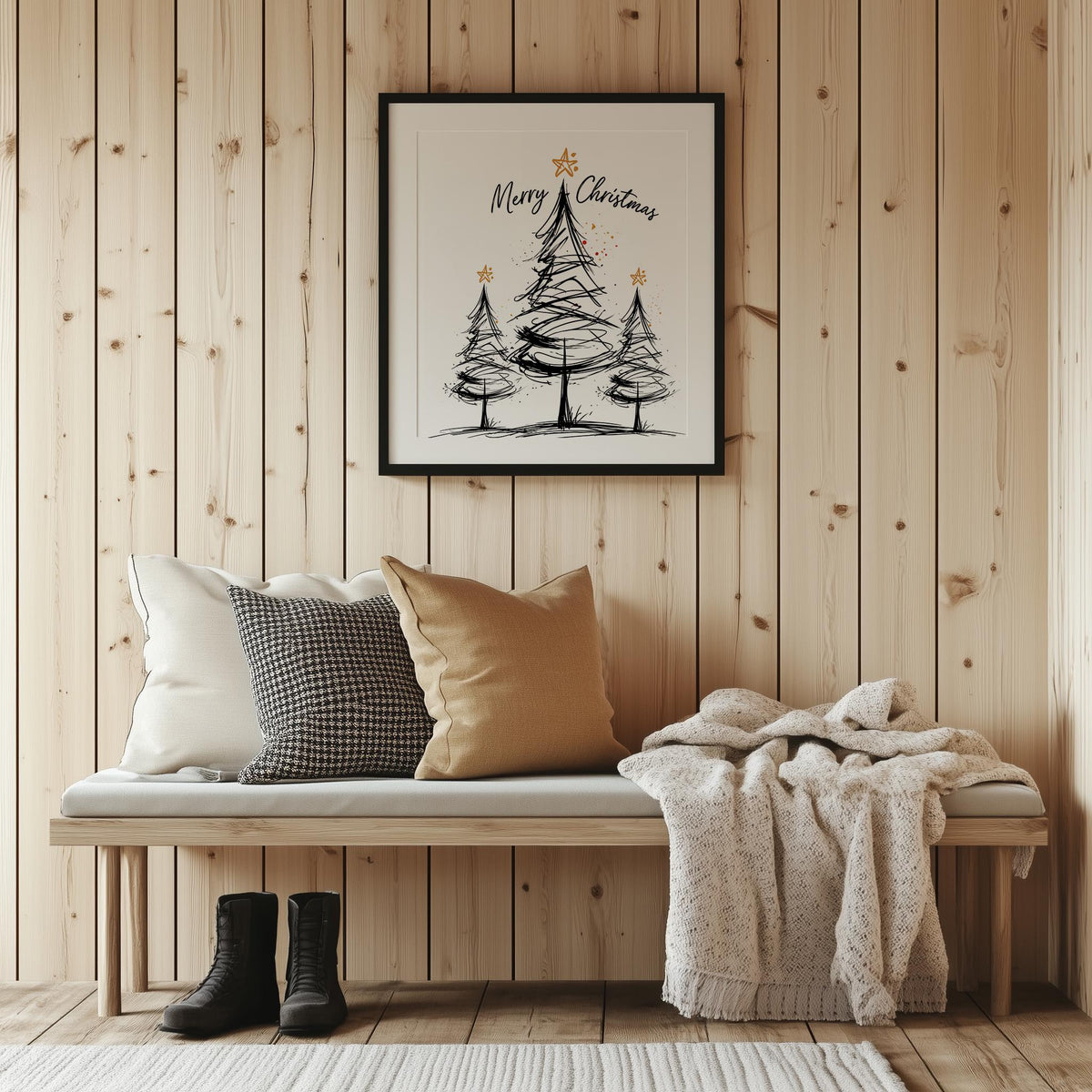 Merry Trees Christmas art print shown in a room setting