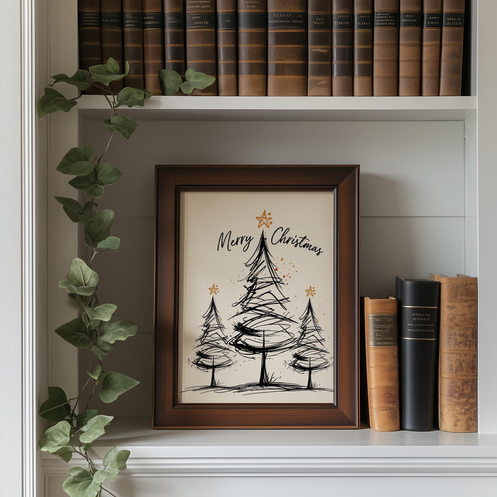 Merry Trees Christmas art print shown in a room setting
