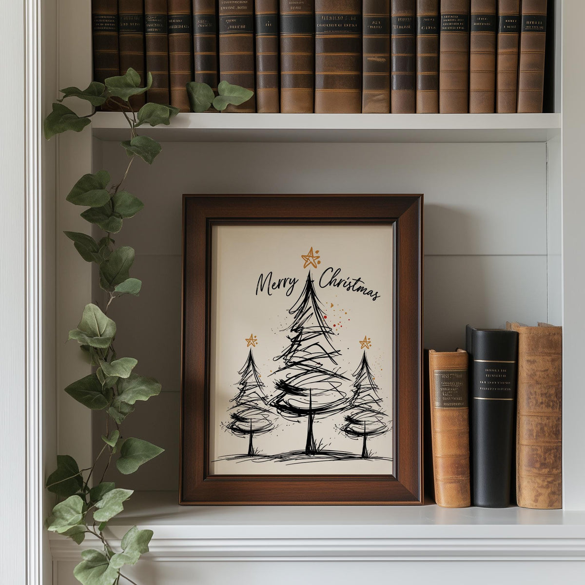 Merry Trees Christmas art print shown in a room setting