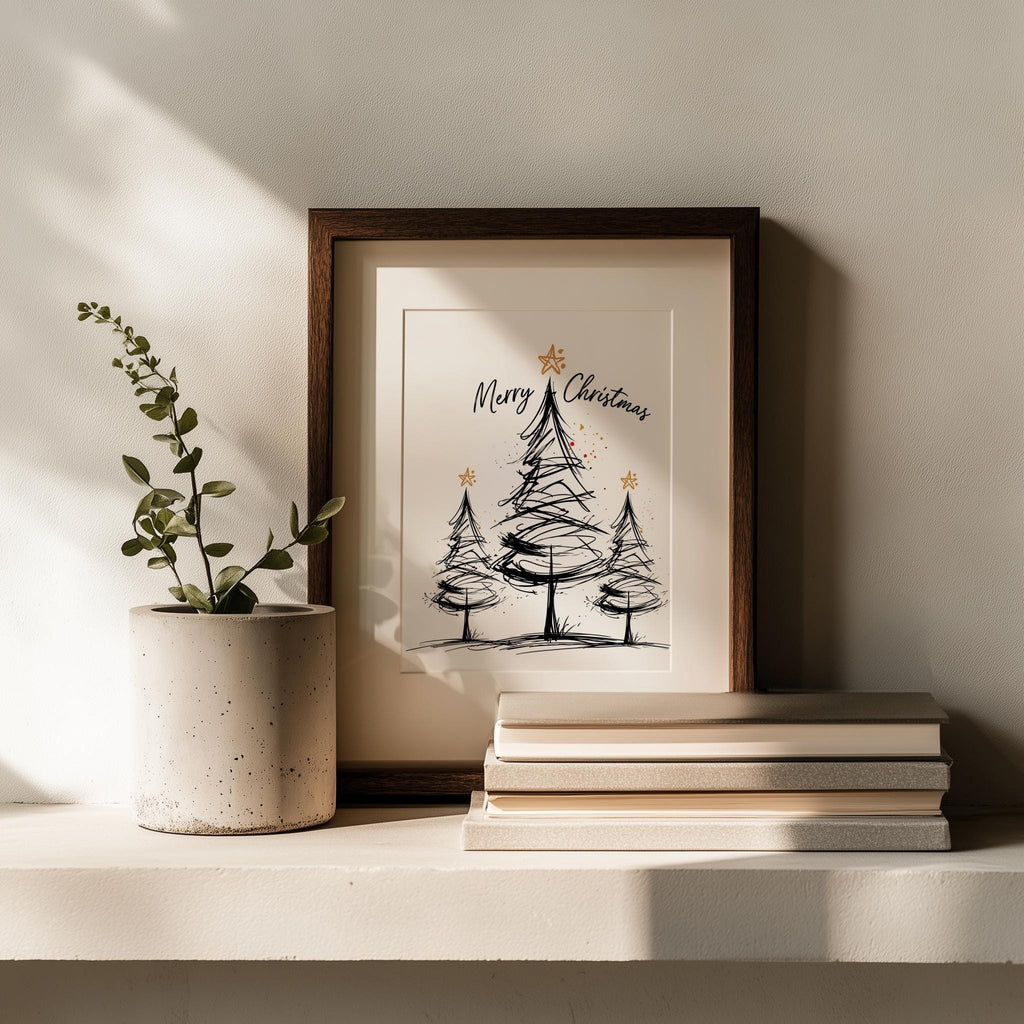 Merry Trees Christmas art print shown in a room setting