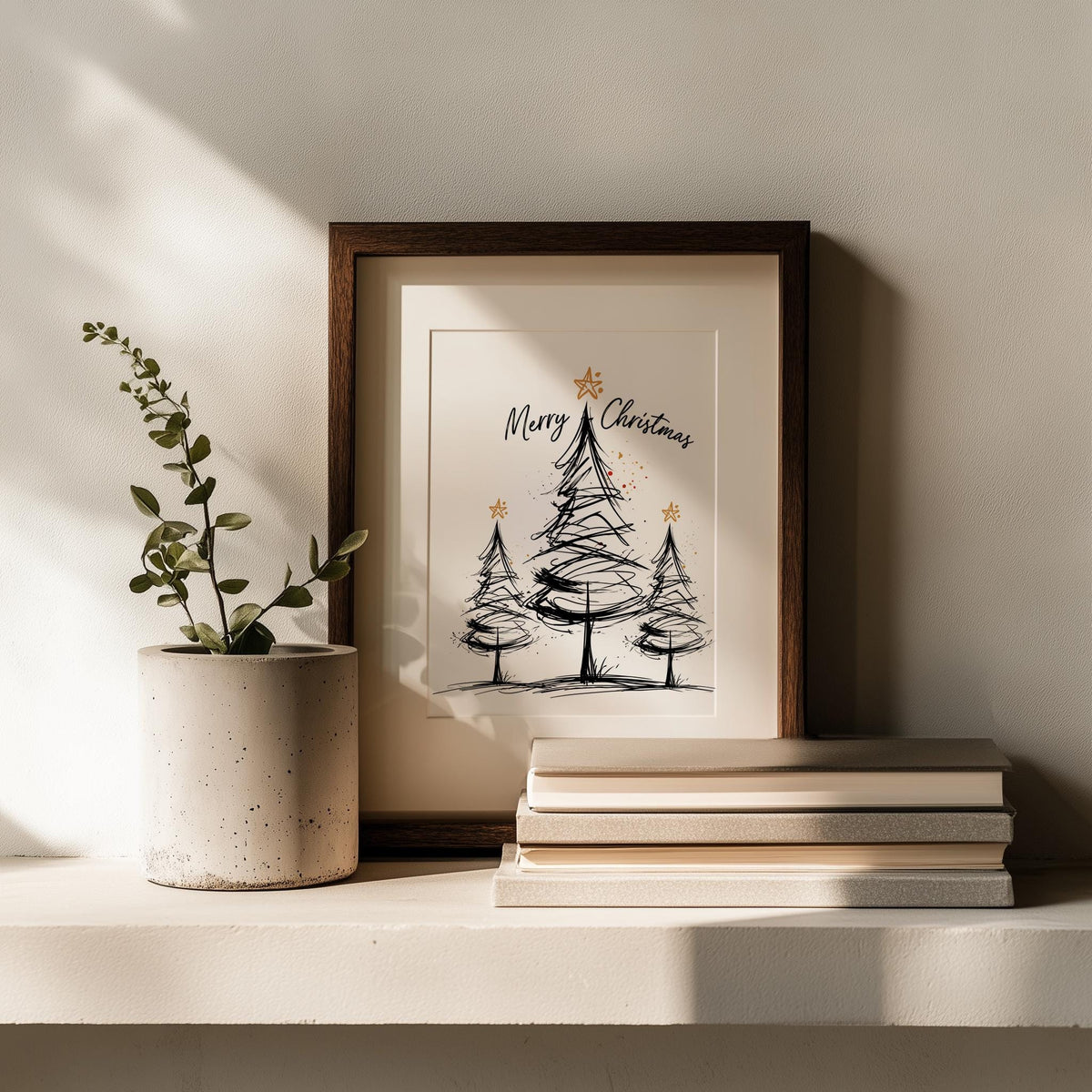 Merry Trees Christmas art print shown in a room setting