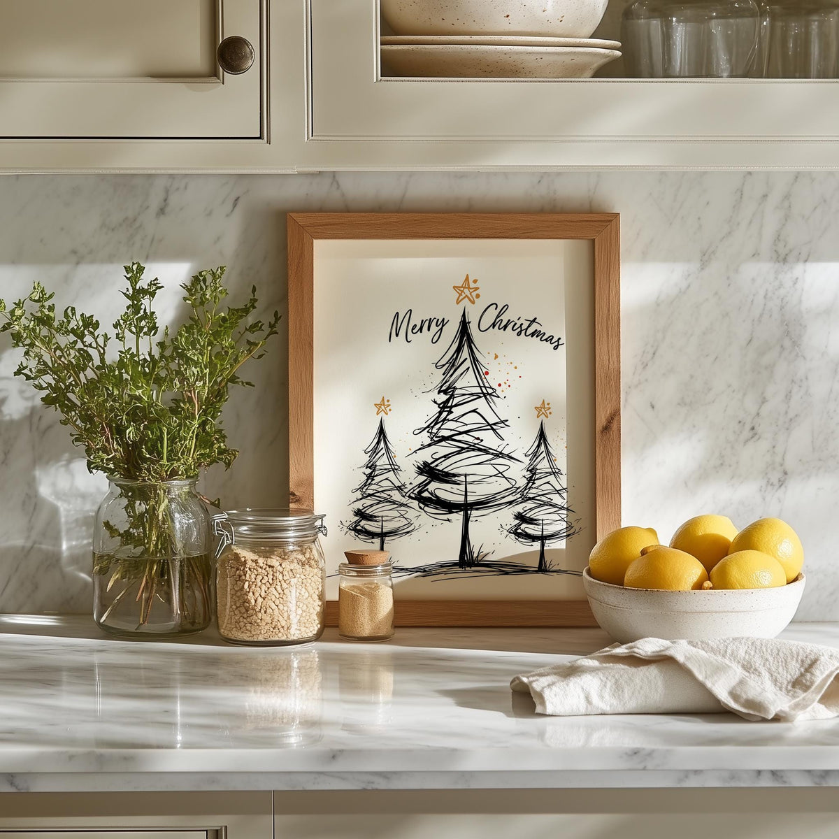 Merry Trees Christmas art print shown in a room setting