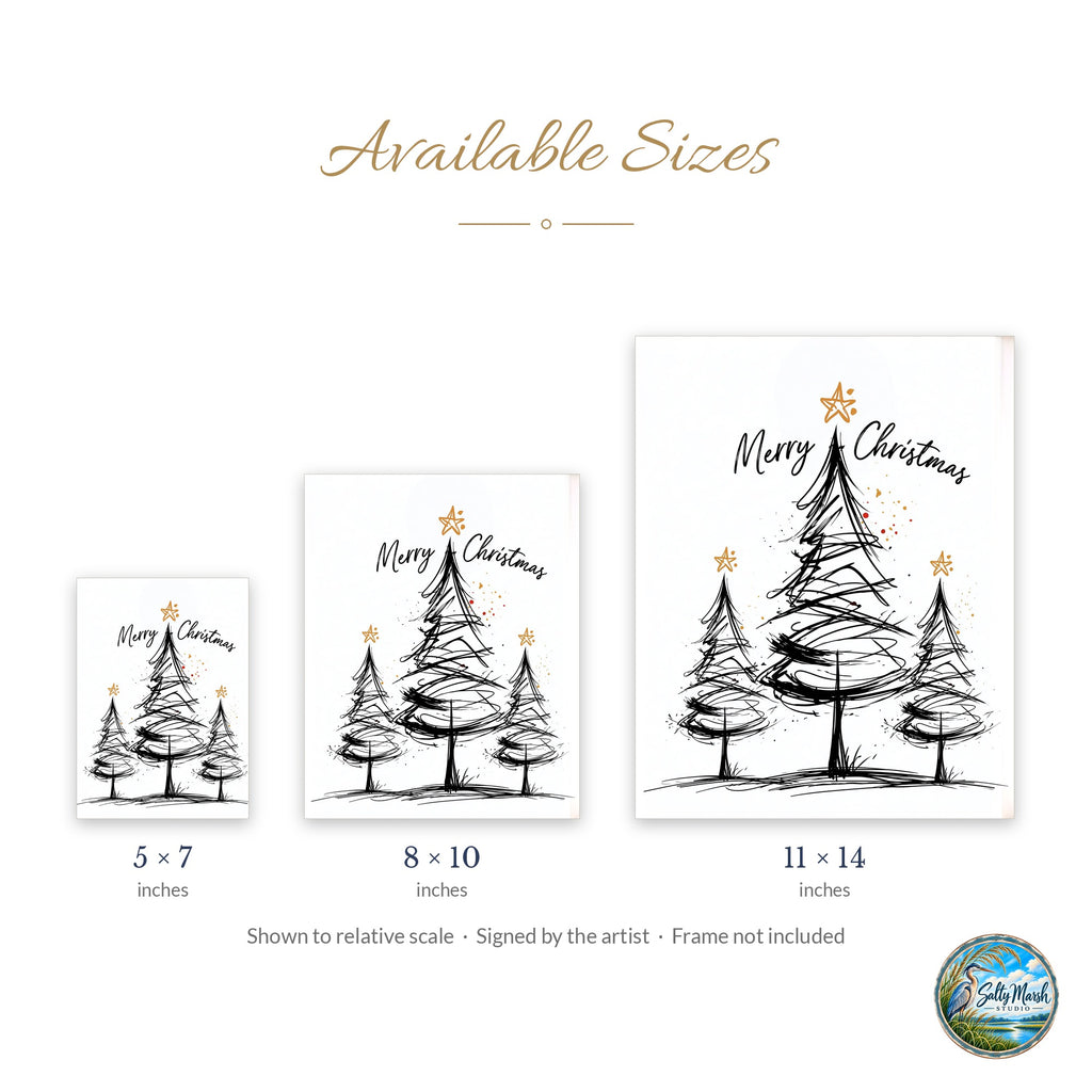 Merry Trees art print size guide: 5x7, 8x10 and 11x14