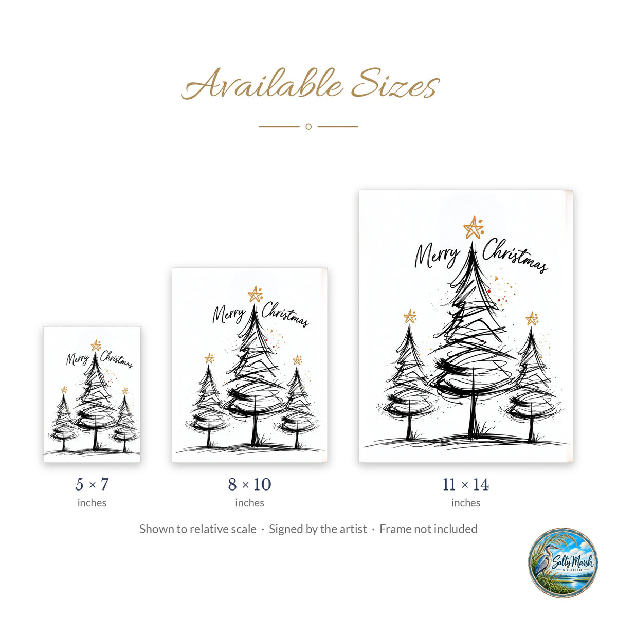 Merry Trees art print size guide: 5x7, 8x10 and 11x14