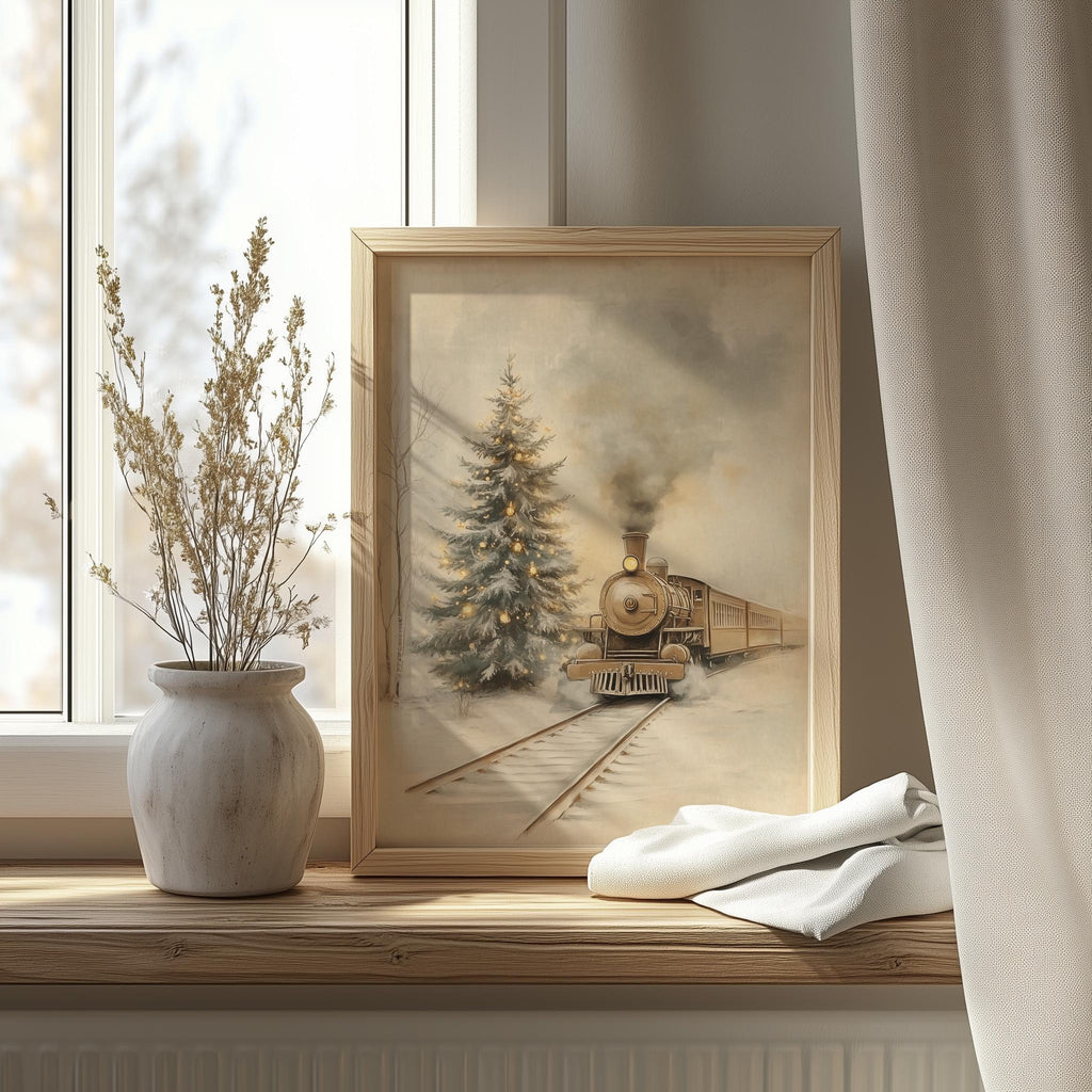 Steam Train winter art print shown in a room setting