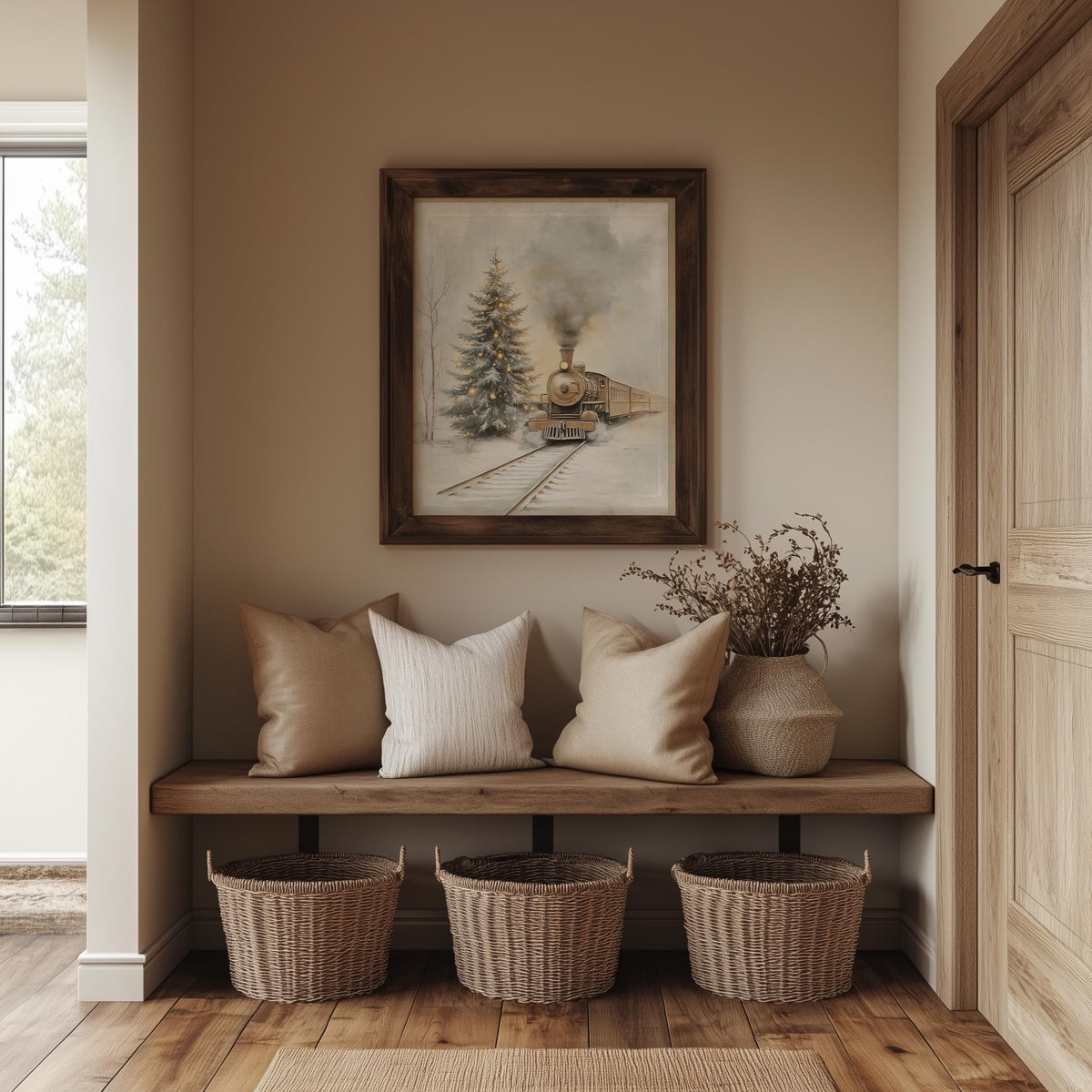 Steam Train winter art print shown in a room setting