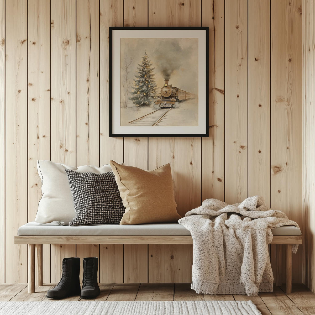 Steam Train winter art print shown in a room setting