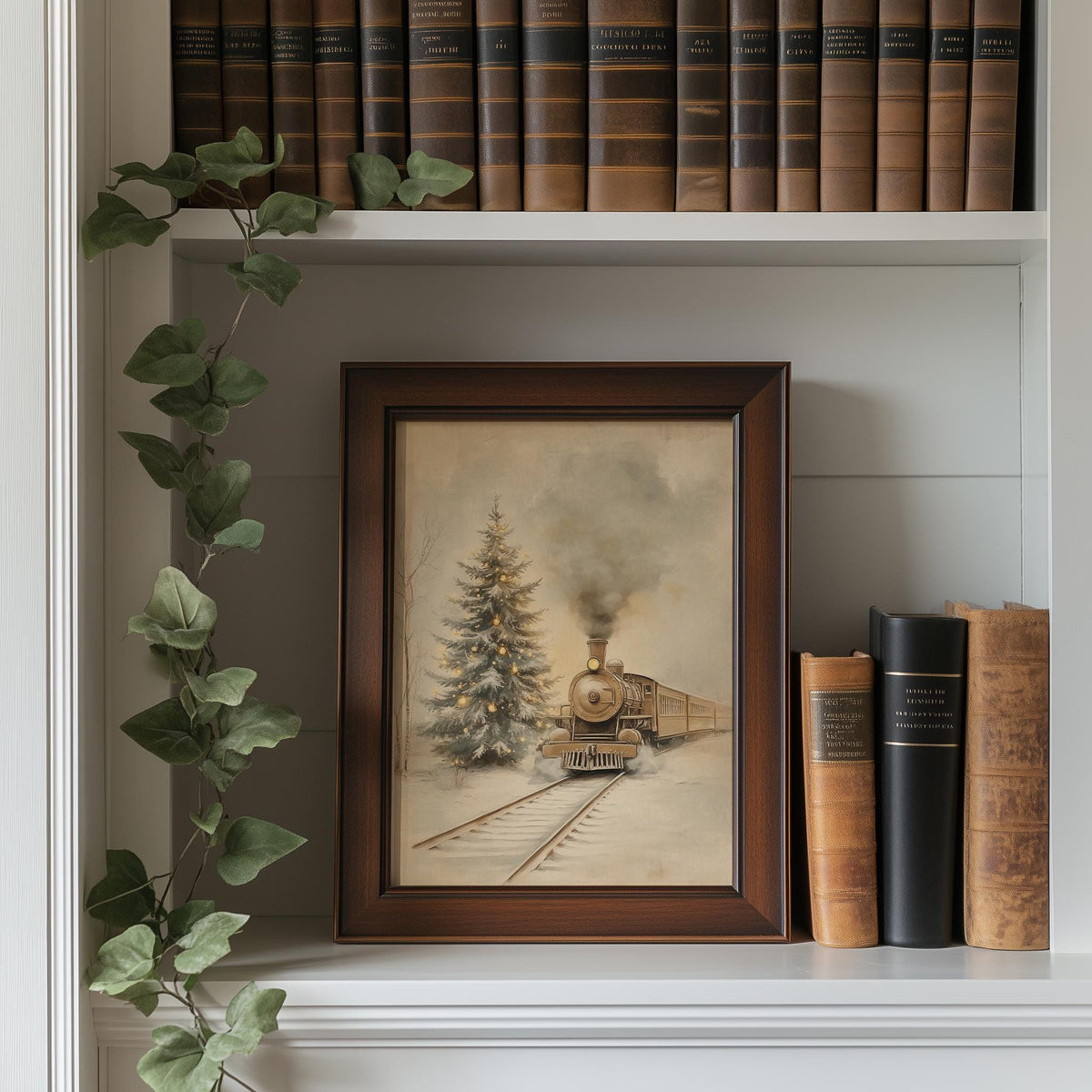 Steam Train winter art print shown in a room setting