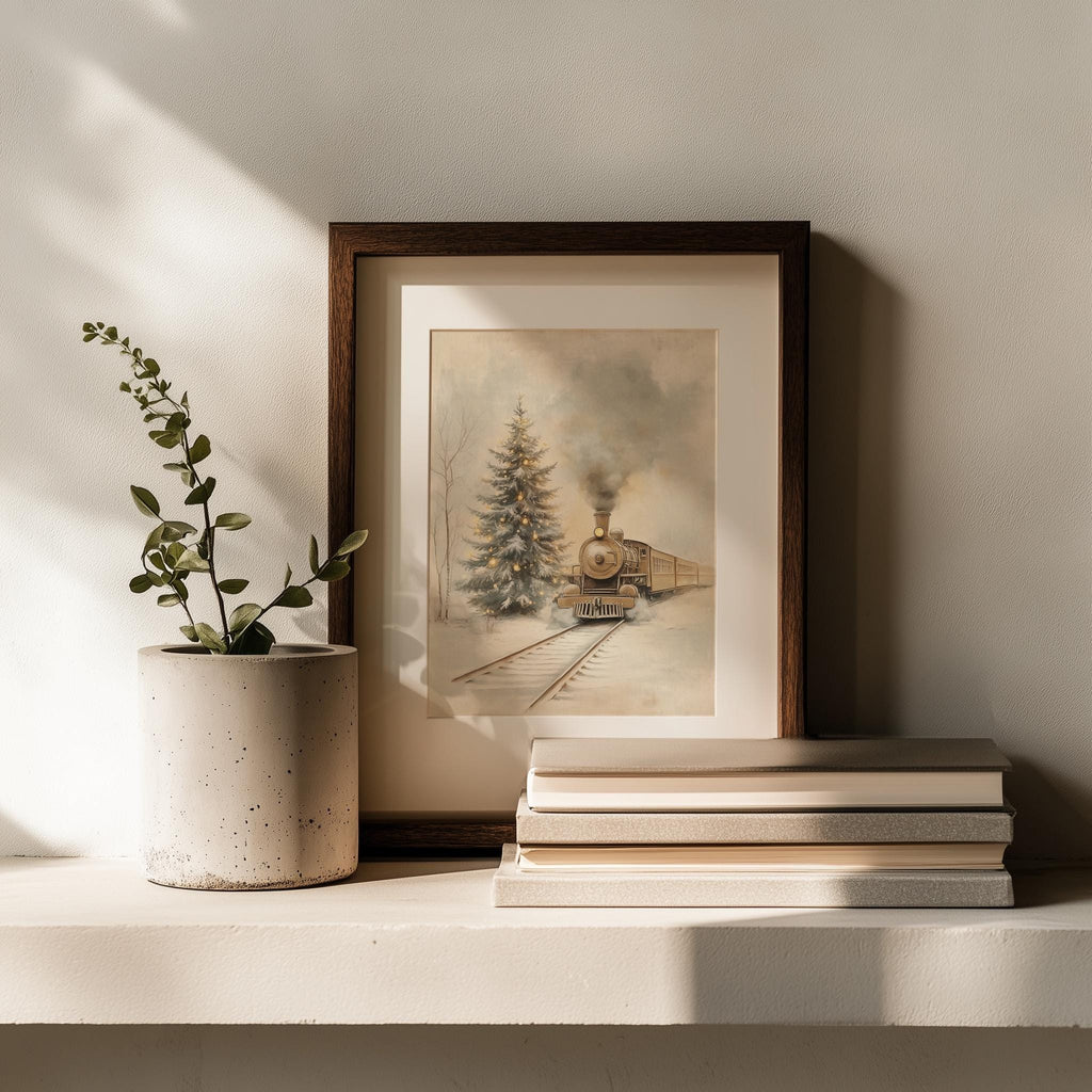 Steam Train winter art print shown in a room setting