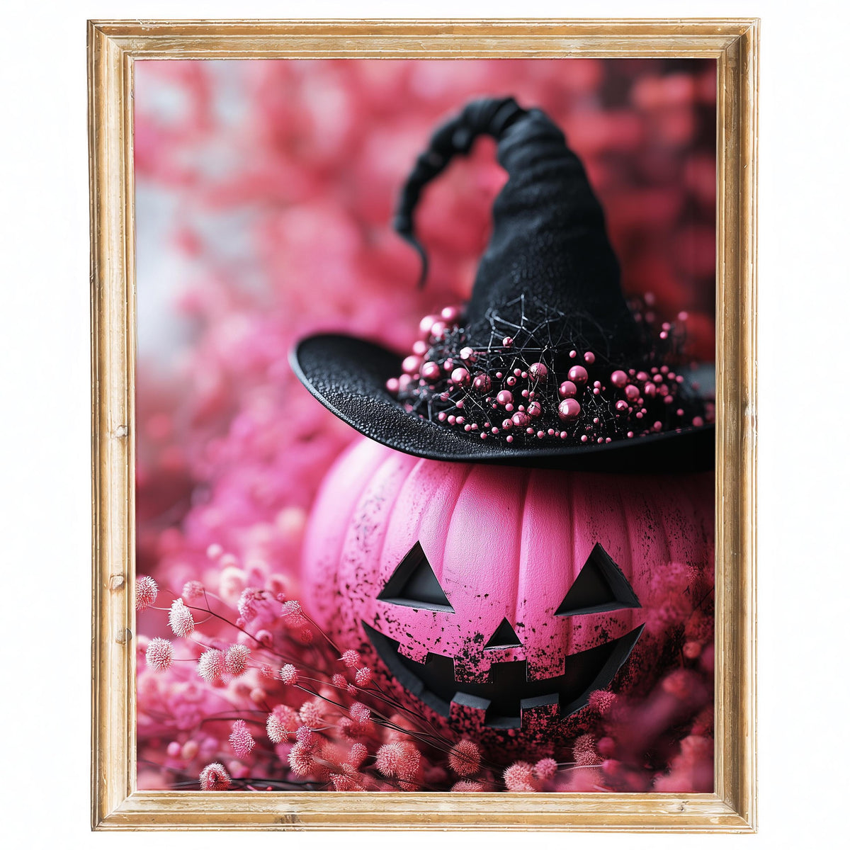 Pink Pumpkin Witch Halloween art print framed