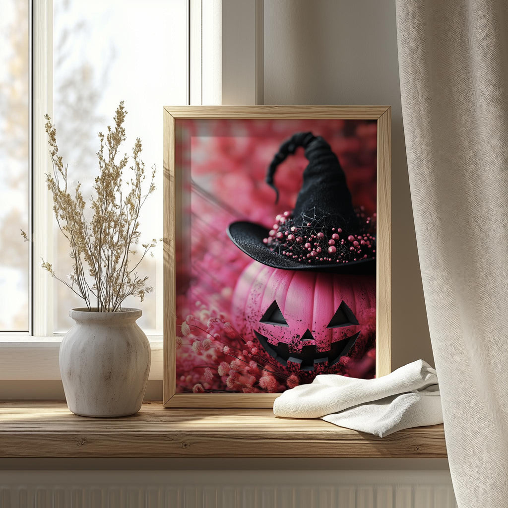 Pink Pumpkin Witch Halloween art print shown in a room setting