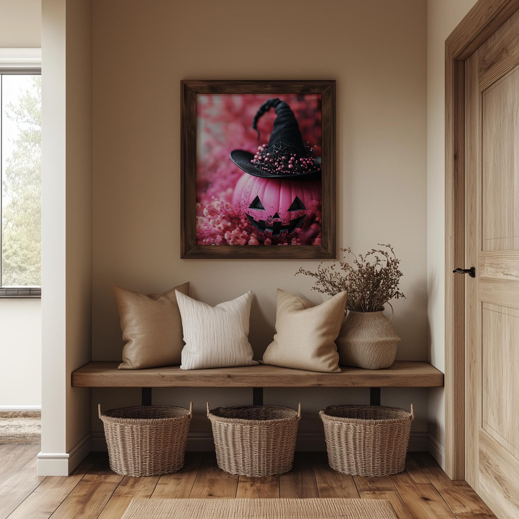 Pink Pumpkin Witch Halloween art print shown in a room setting