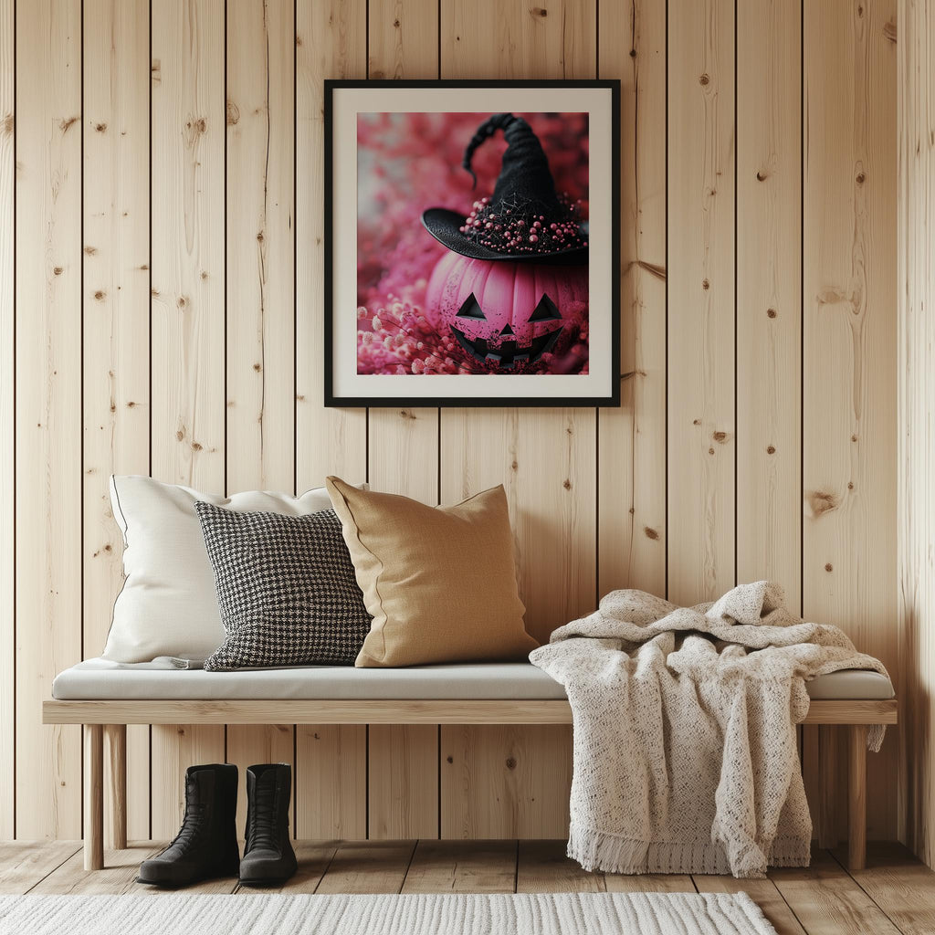 Pink Pumpkin Witch Halloween art print shown in a room setting