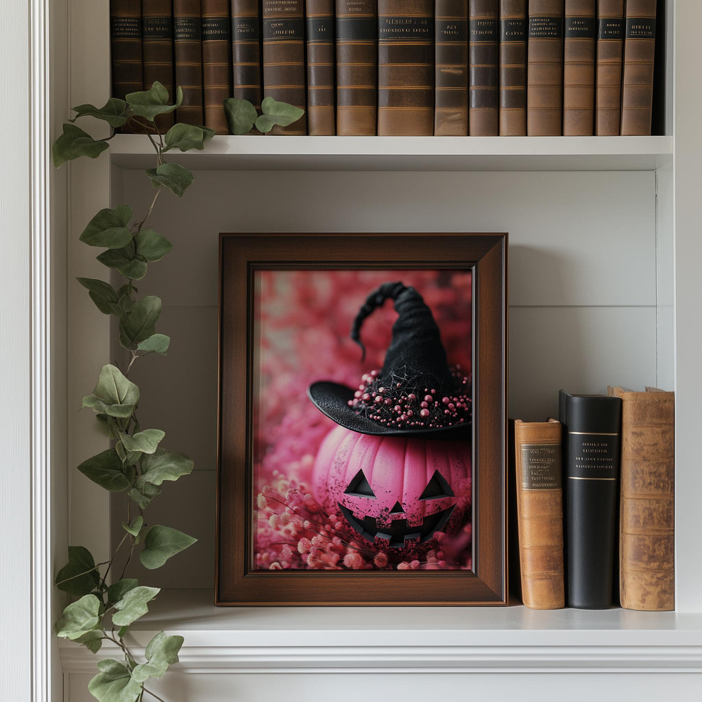 Pink Pumpkin Witch Halloween art print shown in a room setting