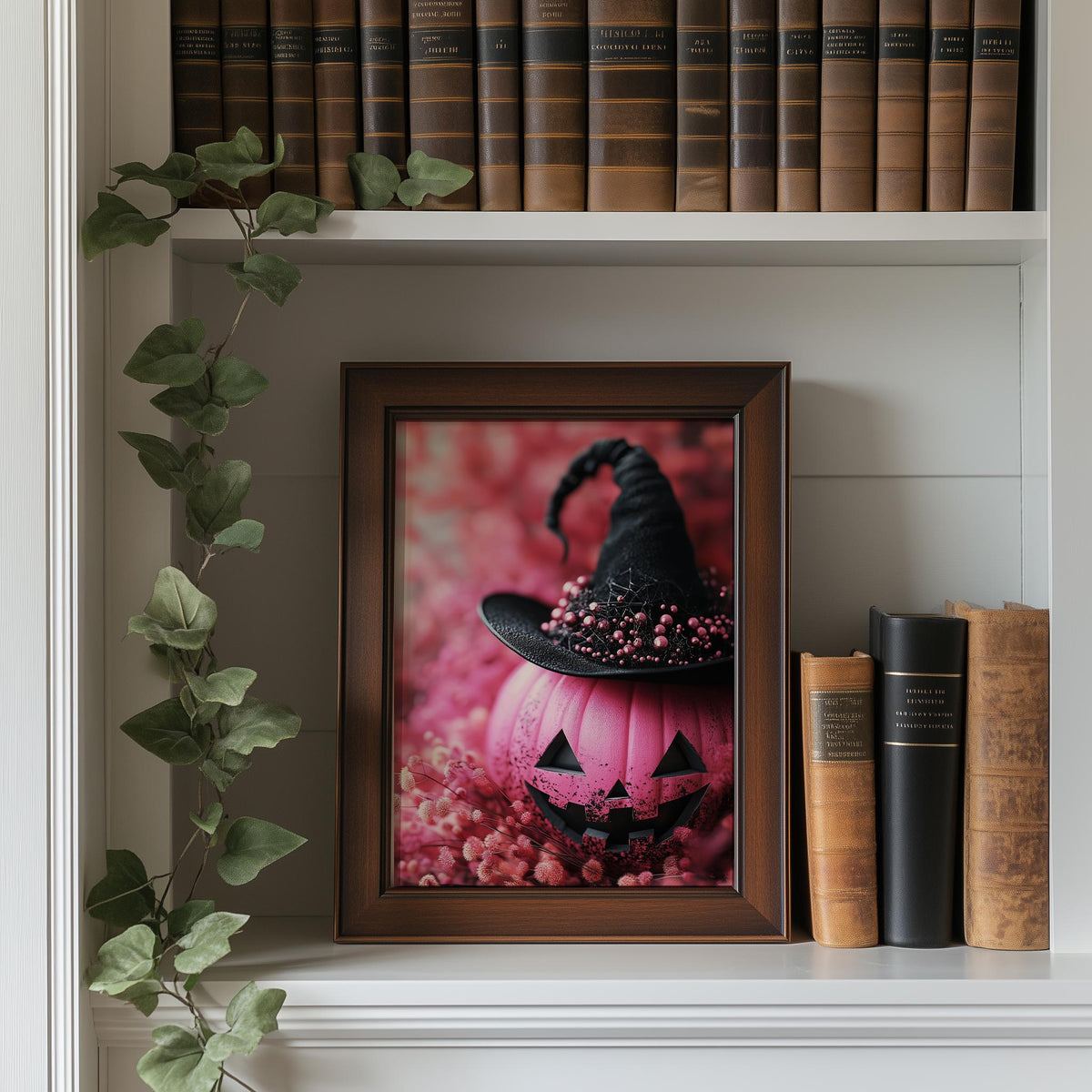 Pink Pumpkin Witch Halloween art print shown in a room setting