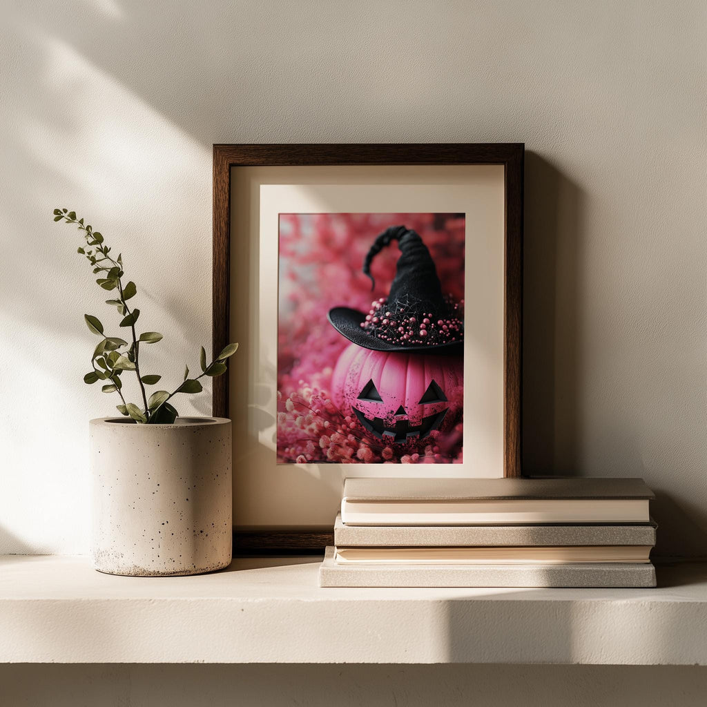Pink Pumpkin Witch Halloween art print shown in a room setting