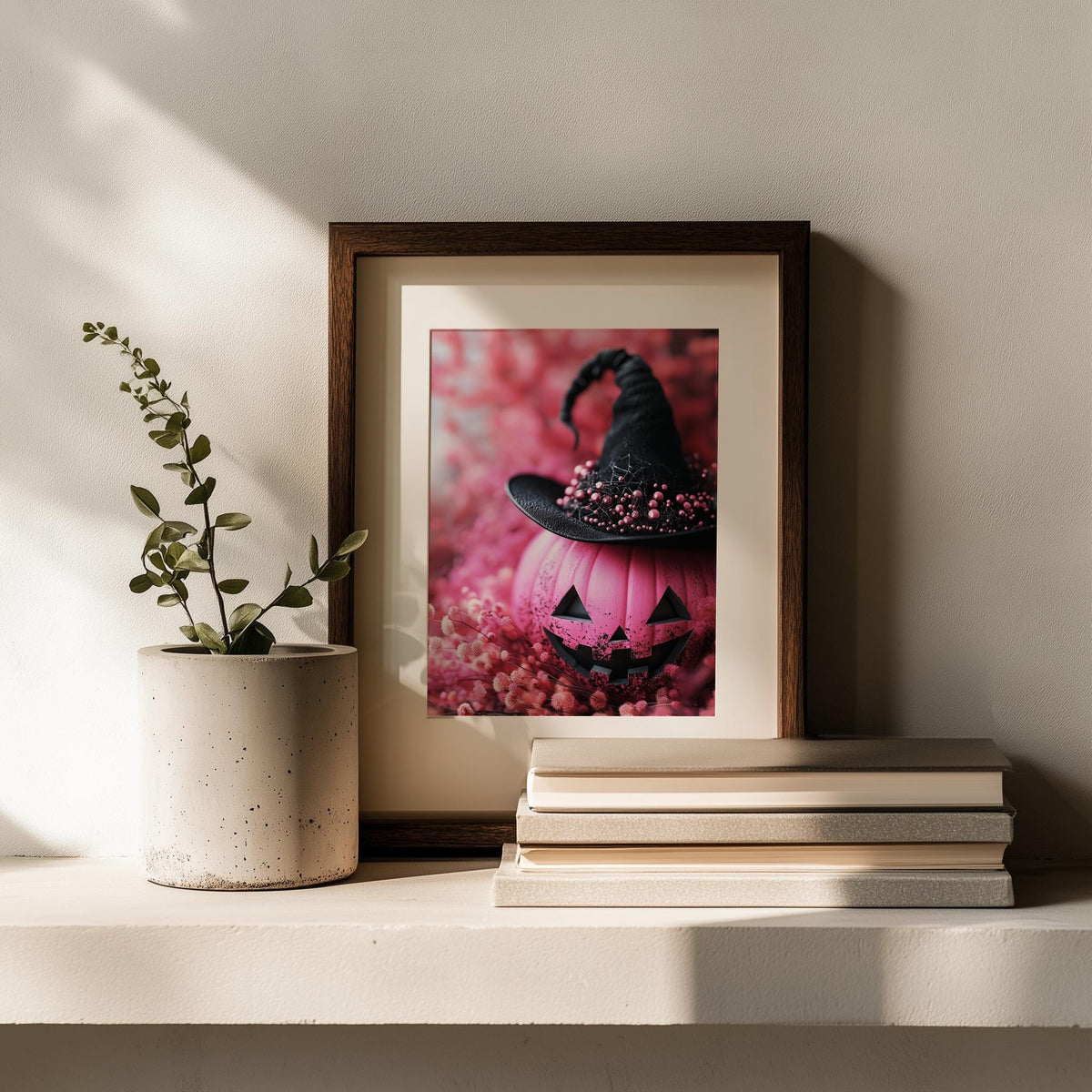 Pink Pumpkin Witch Halloween art print shown in a room setting
