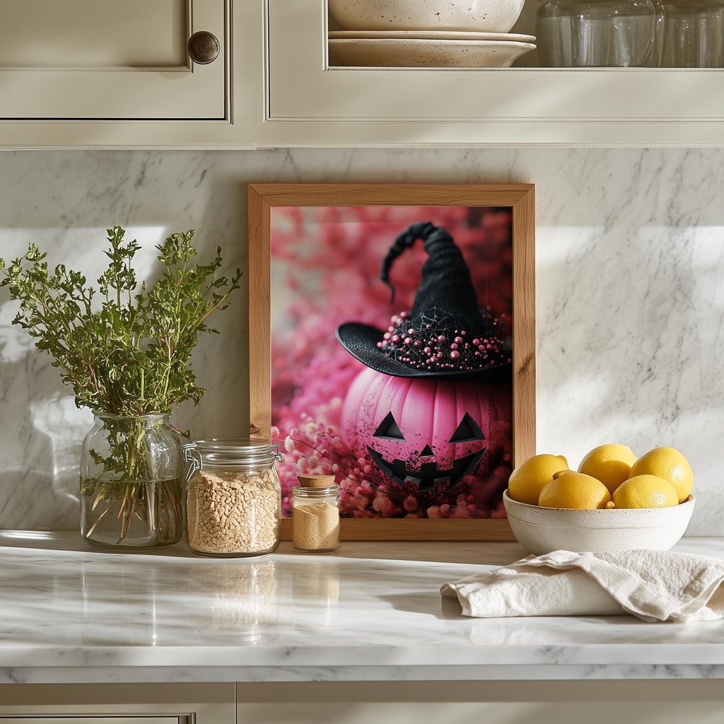 Pink Pumpkin Witch Halloween art print shown in a room setting