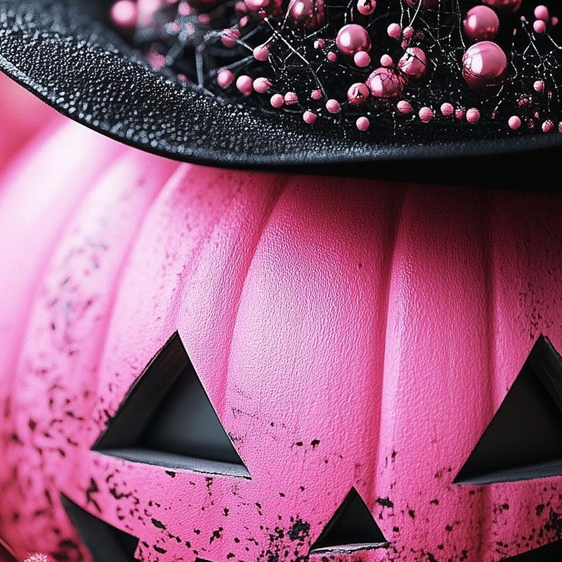 Pink Pumpkin Witch Halloween art print close-up detail