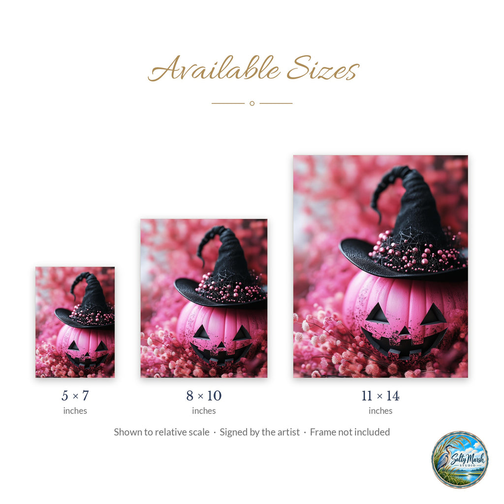 Pink Pumpkin Witch art print size guide: 5x7, 8x10 and 11x14