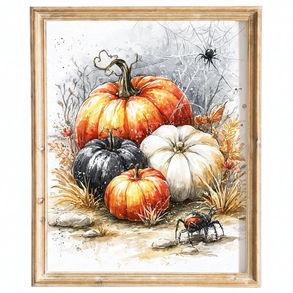Spider Pumpkin Cluster Halloween art print framed