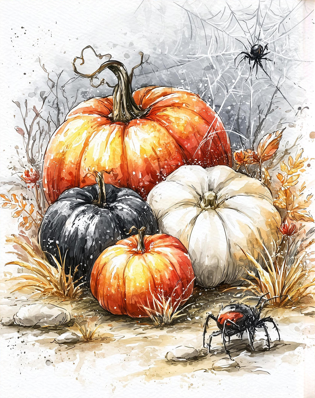Spider Pumpkin Cluster Halloween art print unframed, signed by Pattie Overcash