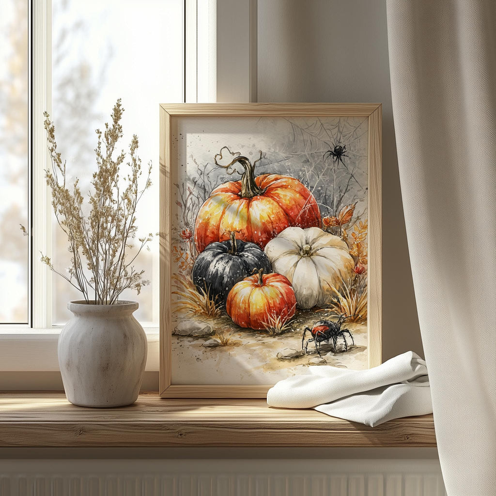 Spider Pumpkin Cluster Halloween art print shown in a room setting
