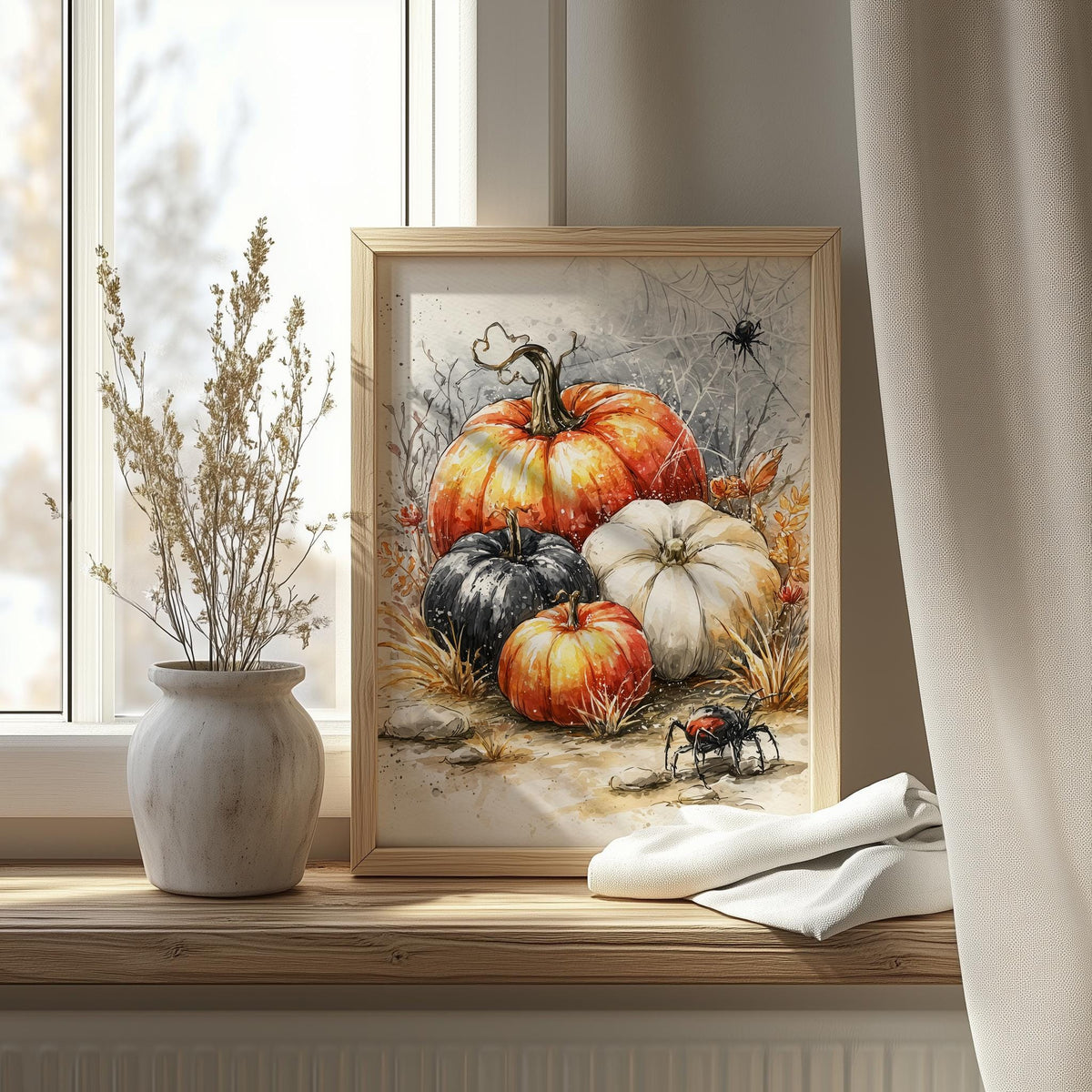 Spider Pumpkin Cluster Halloween art print shown in a room setting
