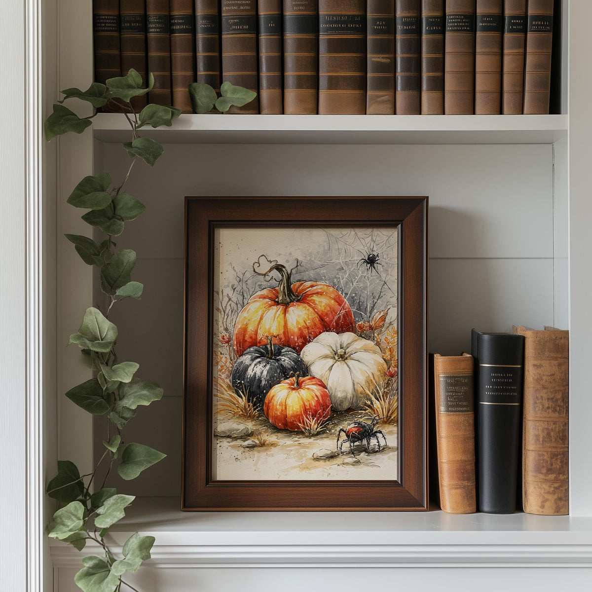 Spider Pumpkin Cluster Halloween art print shown in a room setting