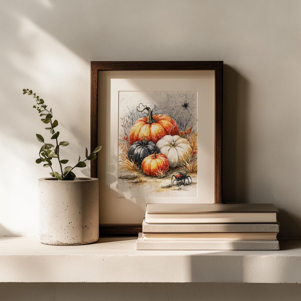 Spider Pumpkin Cluster Halloween art print shown in a room setting