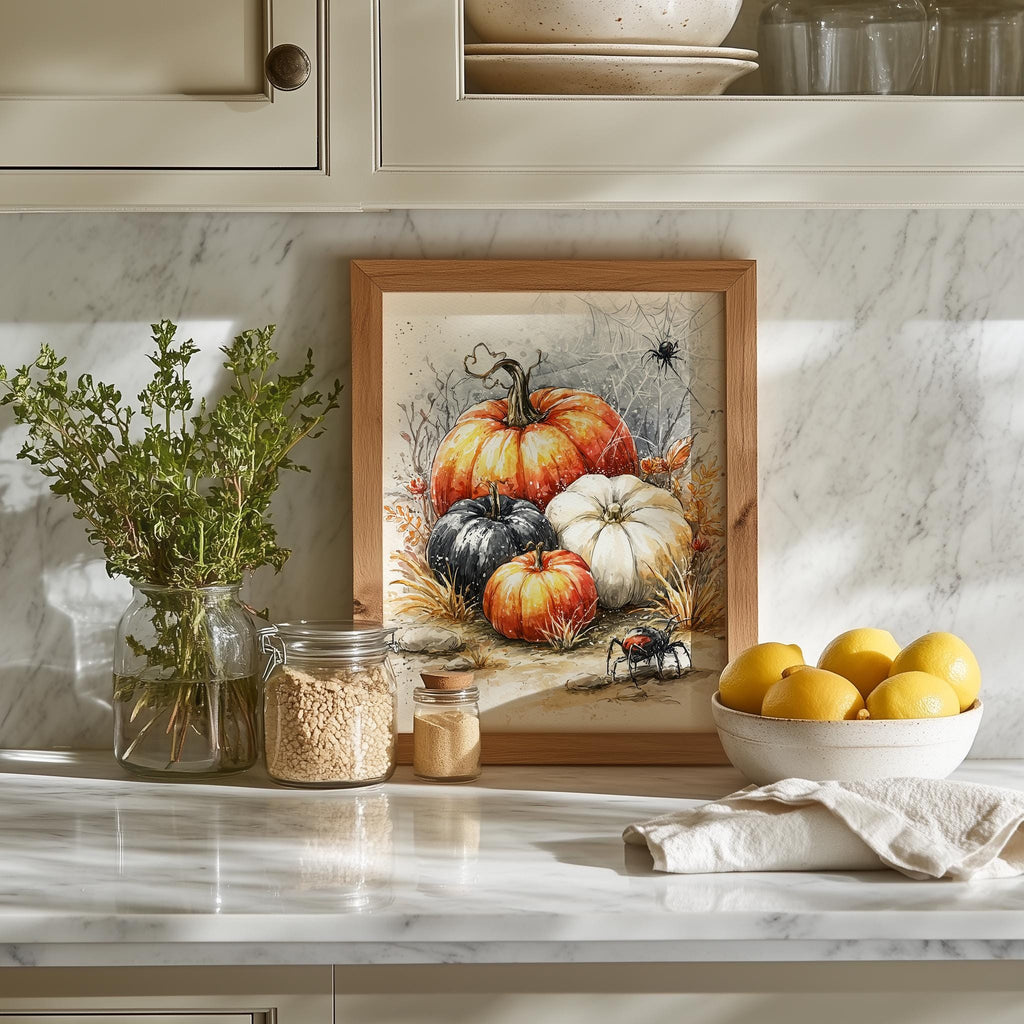 Spider Pumpkin Cluster Halloween art print shown in a room setting