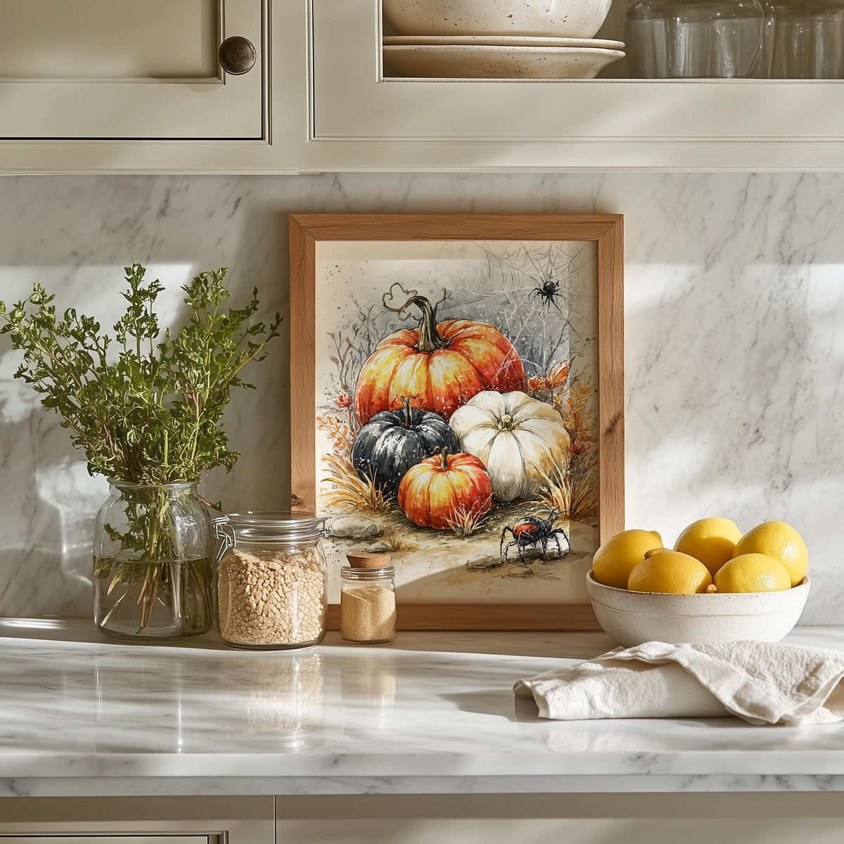 Spider Pumpkin Cluster Halloween art print shown in a room setting