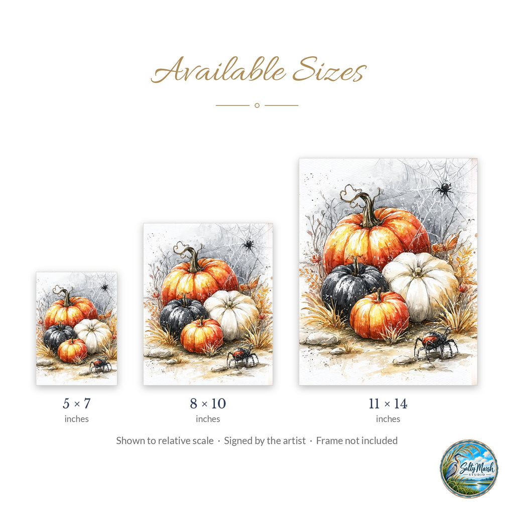 Spider Pumpkin Cluster art print size guide: 5x7, 8x10 and 11x14