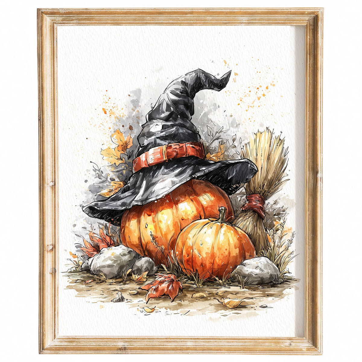 Witch Hat Pumpkin Stack Halloween art print framed