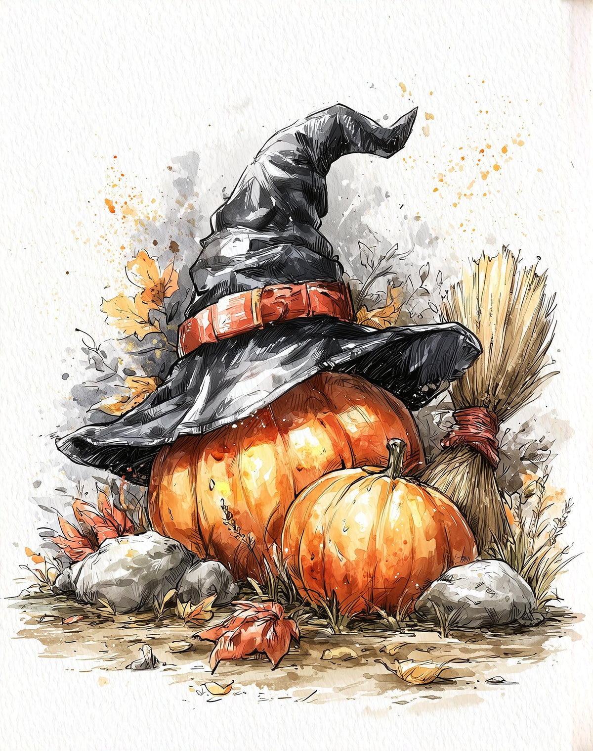 Witch Hat Pumpkin Stack Halloween art print unframed, signed by Pattie Overcash
