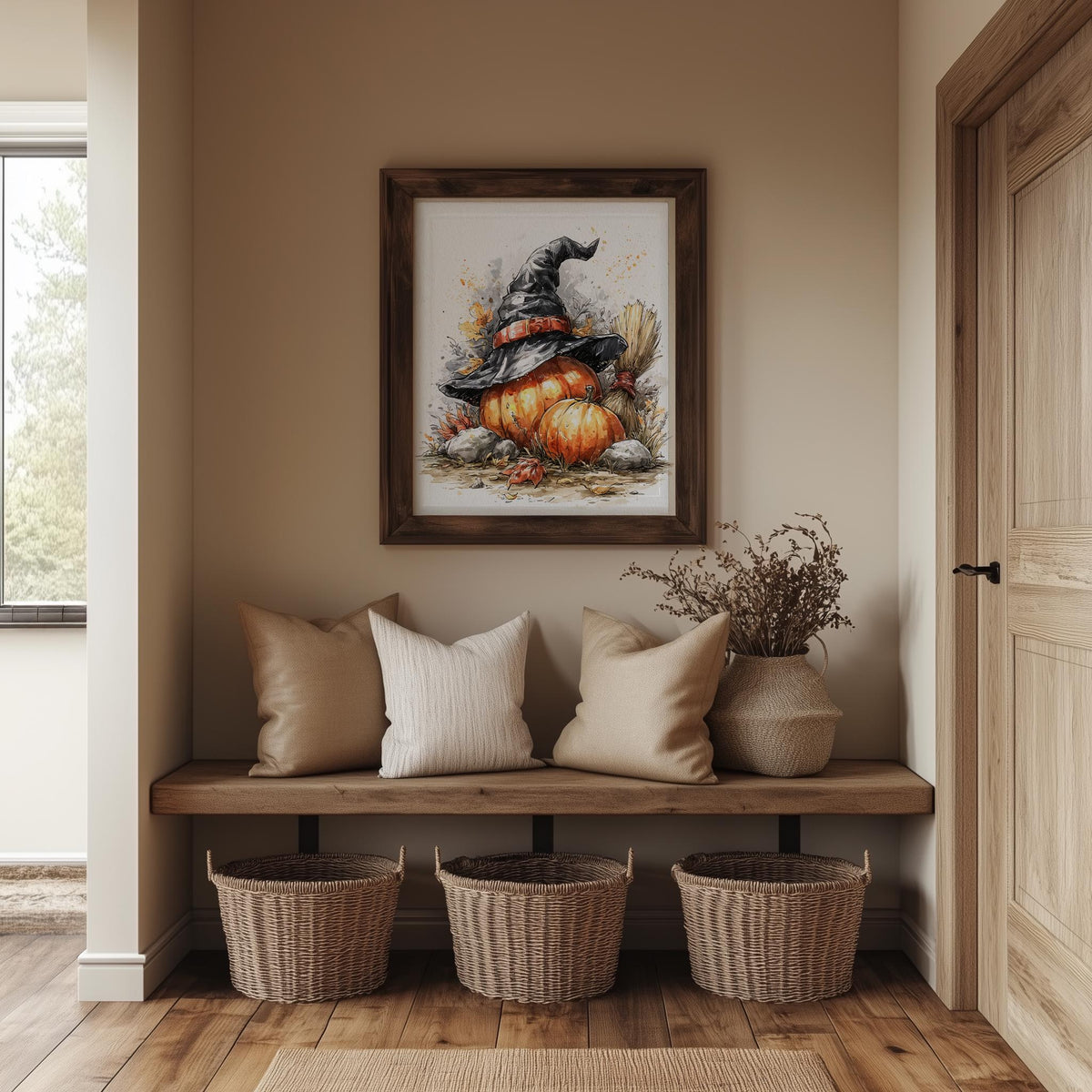Witch Hat Pumpkin Stack Halloween art print shown in a room setting