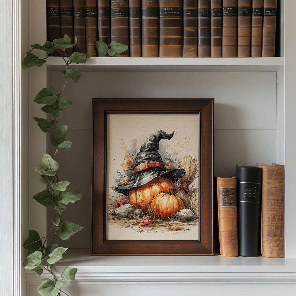 Witch Hat Pumpkin Stack Halloween art print shown in a room setting